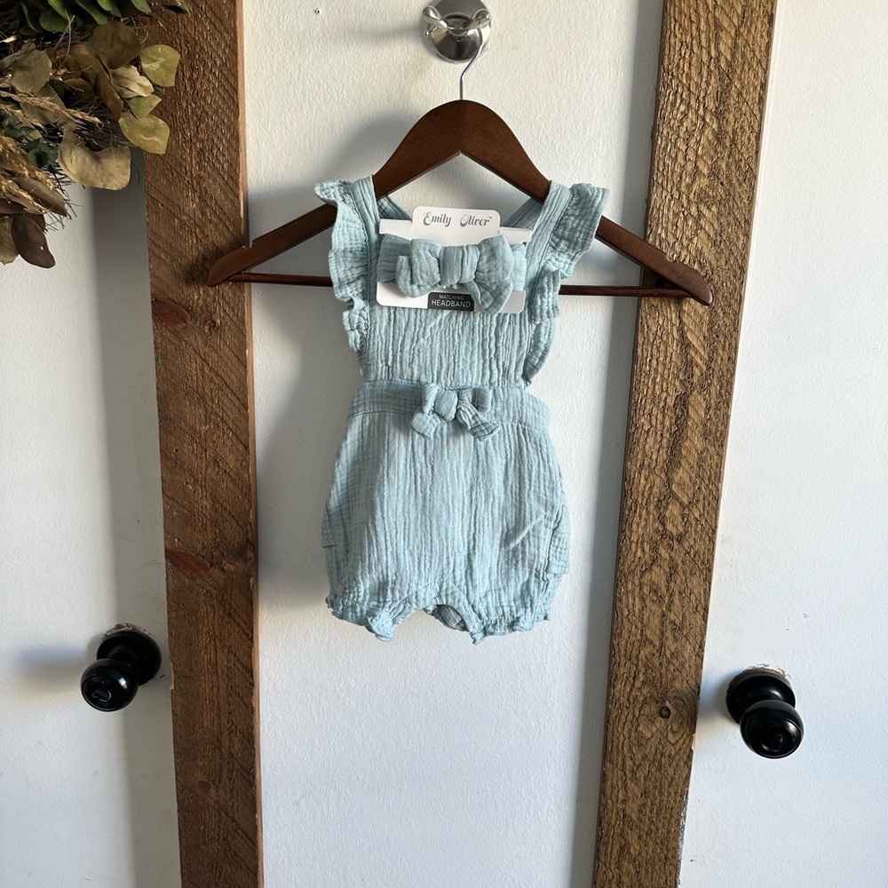 New Emily & Oliver Cotton Muslin Ruffle Romper & Headband 24 Months Baby Girl